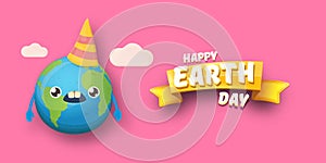 Cartoon earth day horizontal banner with cute smiling earth planet character with funny hat isolated on pink sky