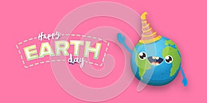 Cartoon earth day horizontal banner with cute smiling earth planet character with funny hat isolated on pink sky