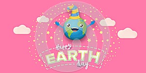 Cartoon earth day horizontal banner with cute smiling earth planet character with funny hat isolated on pink sky