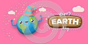 Cartoon earth day horizontal banner with cute smiling earth planet character with funny hat isolated on pink sky