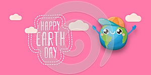 Cartoon earth day horizontal banner with cute smiling earth planet character with funny hat isolated on pink sky