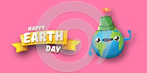 Cartoon earth day horizontal banner with cute smiling earth planet character with funny hat isolated on pink sky