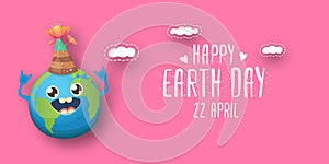 Cartoon earth day horizontal banner with cute smiling earth planet character with funny hat isolated on pink sky