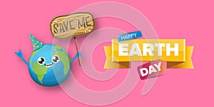 Cartoon earth day horizontal banner with cute smiling earth planet character with funny hat isolated on pink sky