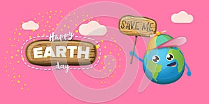 Cartoon earth day horizontal banner with cute smiling earth planet character with funny hat isolated on pink sky