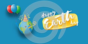 Cartoon earth day horizontal banner with cute smiling earth planet character with funny hat isolated on blue sky