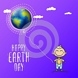 Cartoon earth day illustration or banner with little cute boy character holding in hands baloon with earth globe. Vector