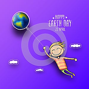 Cartoon earth day illustration or banner with little cute boy character holding in hands baloon with earth globe. Vector