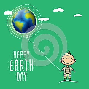 Cartoon earth day illustration or banner with little cute boy character holding in hands baloon with earth globe. Vector