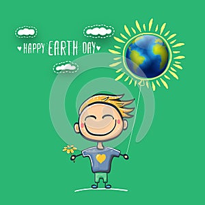 Cartoon earth day illustration or banner with little cute boy character holding in hands baloon with earth globe. Vector