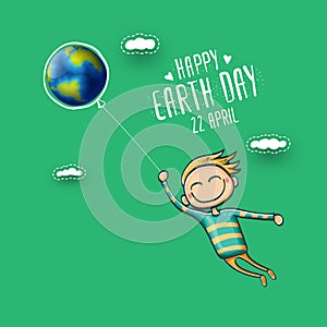 Cartoon earth day illustration or banner with little cute boy character holding in hands baloon with earth globe. Vector
