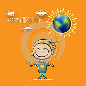 Cartoon earth day illustration or banner with little cute boy character holding in hands baloon with earth globe. Vector