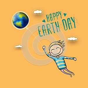 Cartoon earth day illustration or banner with little cute boy character holding in hands baloon with earth globe. Vector