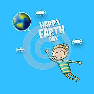 Cartoon earth day illustration or banner with little cute girl character holding in hands baloon with earth globe