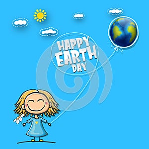 Cartoon earth day illustration or banner with little cute girl character holding in hands baloon with earth globe