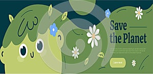 Cartoon Earth ecology web page concept, Cute smiling green girl with flowers in hair, save Planet banner design.