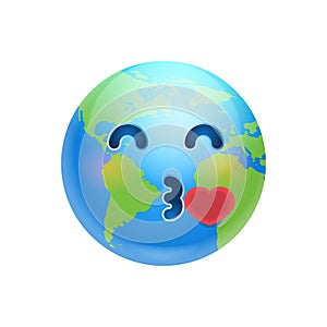 Cartoon Earth Face Blowing Kiss Icon Funny Planet Emotion