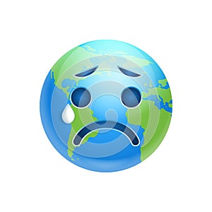 Cartoon Earth Face Crying Emotion Icon Funny Planet Depressed Expression Isolated