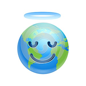 Cartoon Earth Face With Nimbus Smile Icon Funny Planet Emotion