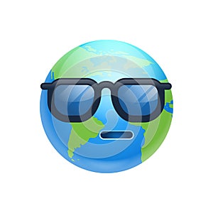 Cartoon Earth Face Sad Emotion Icon Funny Planet In Sun Glasses Expression Isolated