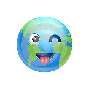 Cartoon Earth Face Showing Tongue And Wink Icon Funny Planet Emotion