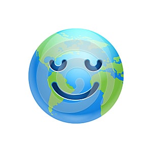 Cartoon Earth Face Smile With Closed Eyes Icon Funny Planet Emotion