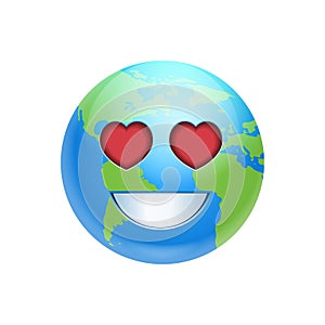 Cartoon Earth Face Smile With Heart Shape Eyes Icon Funny Planet Emotion