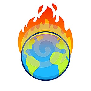 Cartoon Earth on fire, global warming