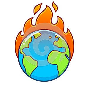 Cartoon Earth on fire, global warming