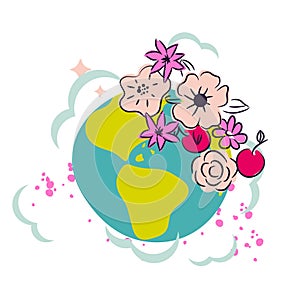 Cartoon earth with flower crown decor clipart vector.