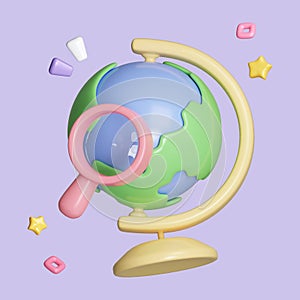 Cartoon Earth globe and magnifying glass searching concept. Planet Earth model with world map on base isolated on pastel