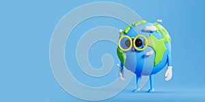 Cartoon earth globe smiling on empty copy space blue background