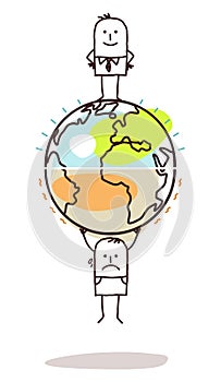 Cartoon Earth with Humans Divided in Two Sides