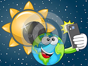 Cartoon Earth selfie solar eclipse