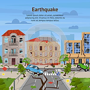 Cartoon Earthquake Disaster Concept Card Ad. Vector