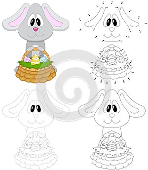 Cartoon easter bunny with basket of eggs. Dot to dot game for kids photo