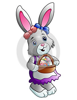 Cartoon Easter bunny carrying a basket full of eggs