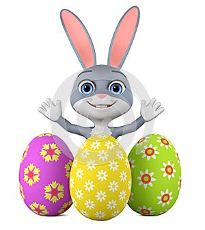 Cartoon Easter bunny character with a raised hand as a greeting sign on a white background.Three Easter eggs. 3d rendering