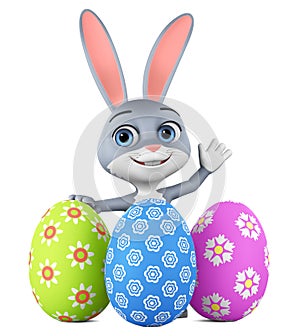 Cartoon Easter bunny character with a raised hand as a greeting sign on a white background.Three Easter eggs. 3d rendering