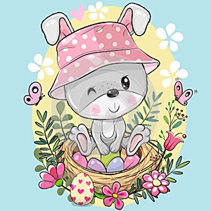 Cartoon Easter Bunny Incubate Colored Eggs