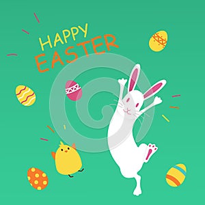 Cartoon Easter bunny jumping with egg. Vector clip art illustration. All in a single layer. Easter bunny and Easter eggs