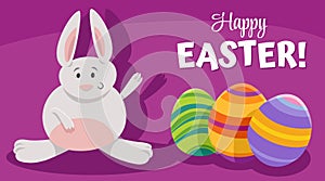 cartoon Easter bunny with painted eggs greeting card