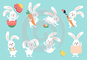 Cartoon easter bunny. Rabbit hiding, bunnies with eggs and flowers. Cute springtime characters, hare painted and chicken