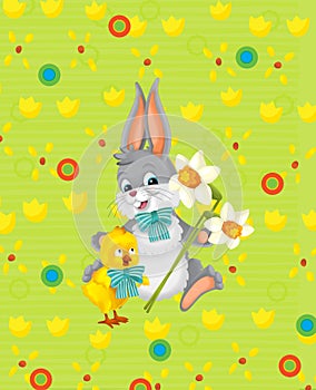 Cartoon easter bunny rabbit on meadow illustration