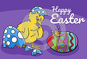 cartoon Easter chick hatched from coloered egg greeting card