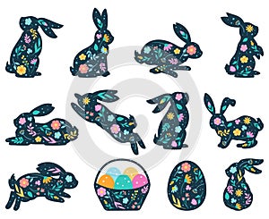 Cartoon easter rabbit silhouette, cute spring bunny and eggs elements. Flowered easter bunnies silhouettes vector