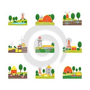 Cartoon Eco Farm Color Icons Set. Vector