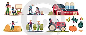 Cartoon eco farming. Agricultural workers doing farming job, cropping and selling organic products. Rural work vector