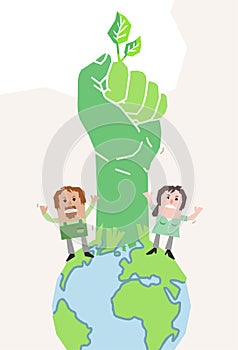 Cartoon Ecologist people and planet Earth, Rising Up a Green Fist