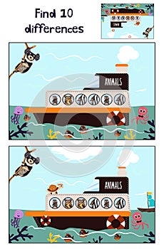 Cartoon of Education to find 10 differences in children's pictures of the boat with the animals of the wild jungle among the sea w